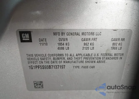 2011 Chevrolet Cruze 1Lt z USA, uszkodzony, nr VIN 1G1PF5S93B7137197